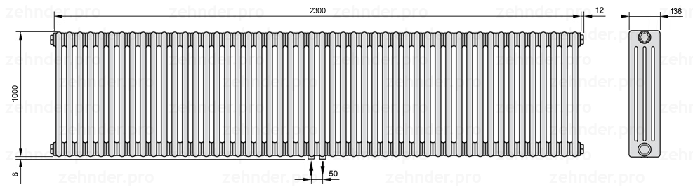 Схема (чертеж) Радиатор Zehnder Charleston 4100/50 №3470 Белый глянцевый RAL 9016